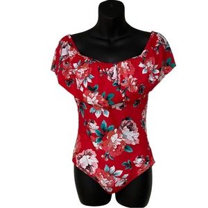 ReliBeauty Red Floral Flounced On or Off Shoulder One Piece Swimsuit